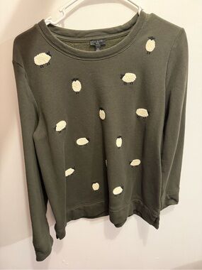 Talbots Olive Green Crewneck Sweatshirt with Cream Sheep Appliqués